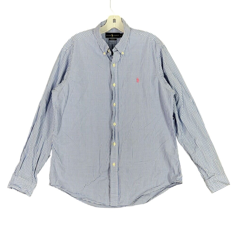Ralph Lauren L Blue Gingham Button Down Shirt Custom Fit Long Sleeve Classic